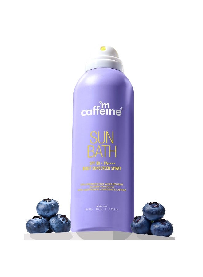 mCaffeine Sun Bath SPF 80+ PA ++++ Body Sunscreen Spray | High UV Protection | Invisible, Non-Greasy, 180 Mins Water/Sweat Resistant Cooling Spray| For All Skin Types | Blueberry Fragrance -100ml - Image 1